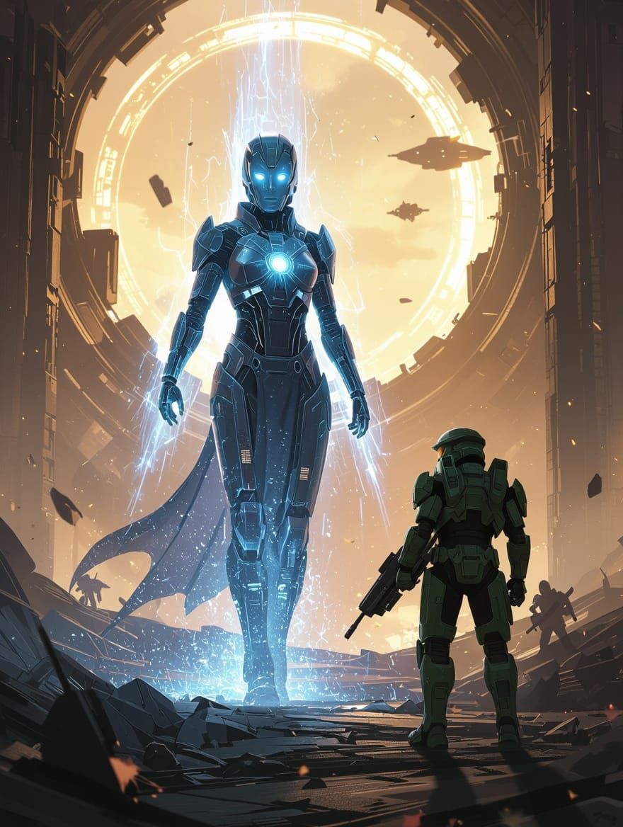 Ethereal Blue Halo Scene with Cortana and Master Chief