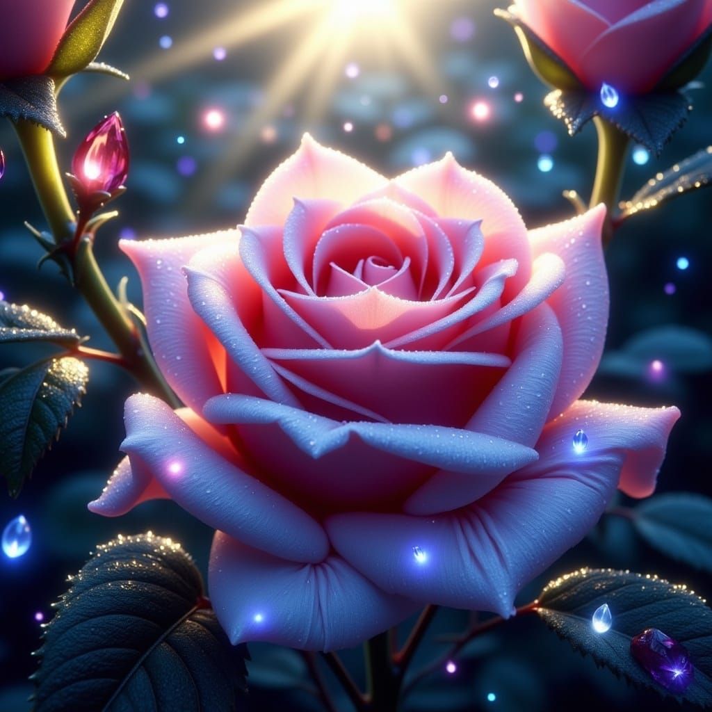 Magical Rose Garden with Crystal Flowers and Gemstones