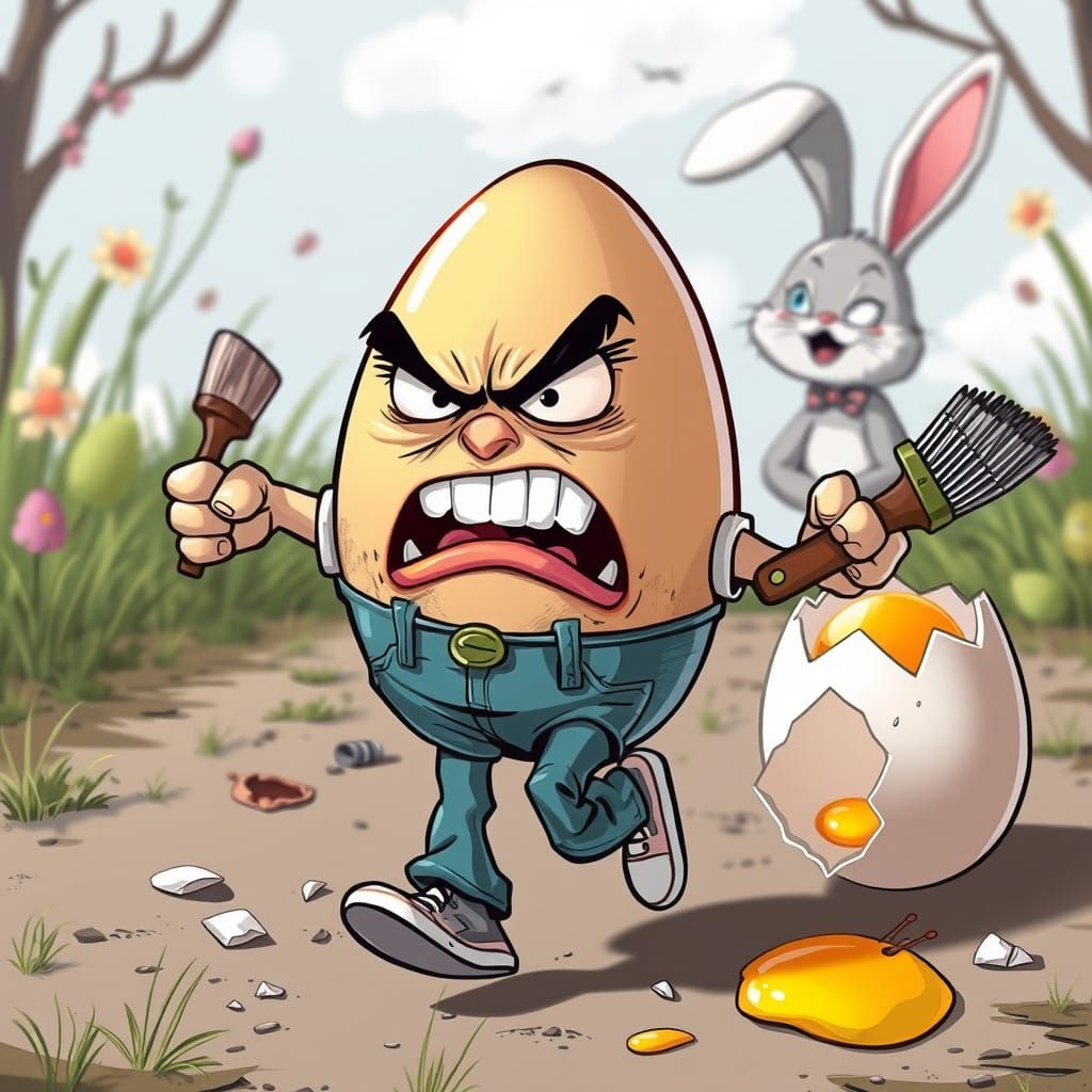 Grumpy Easter Egg Fleeing in Cartoon Chaos