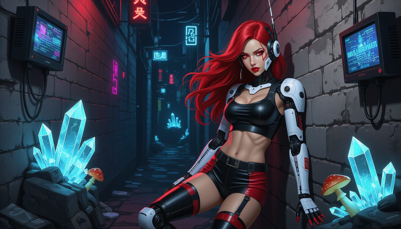 Biomechanical Woman in Dark Cyberpunk Alley