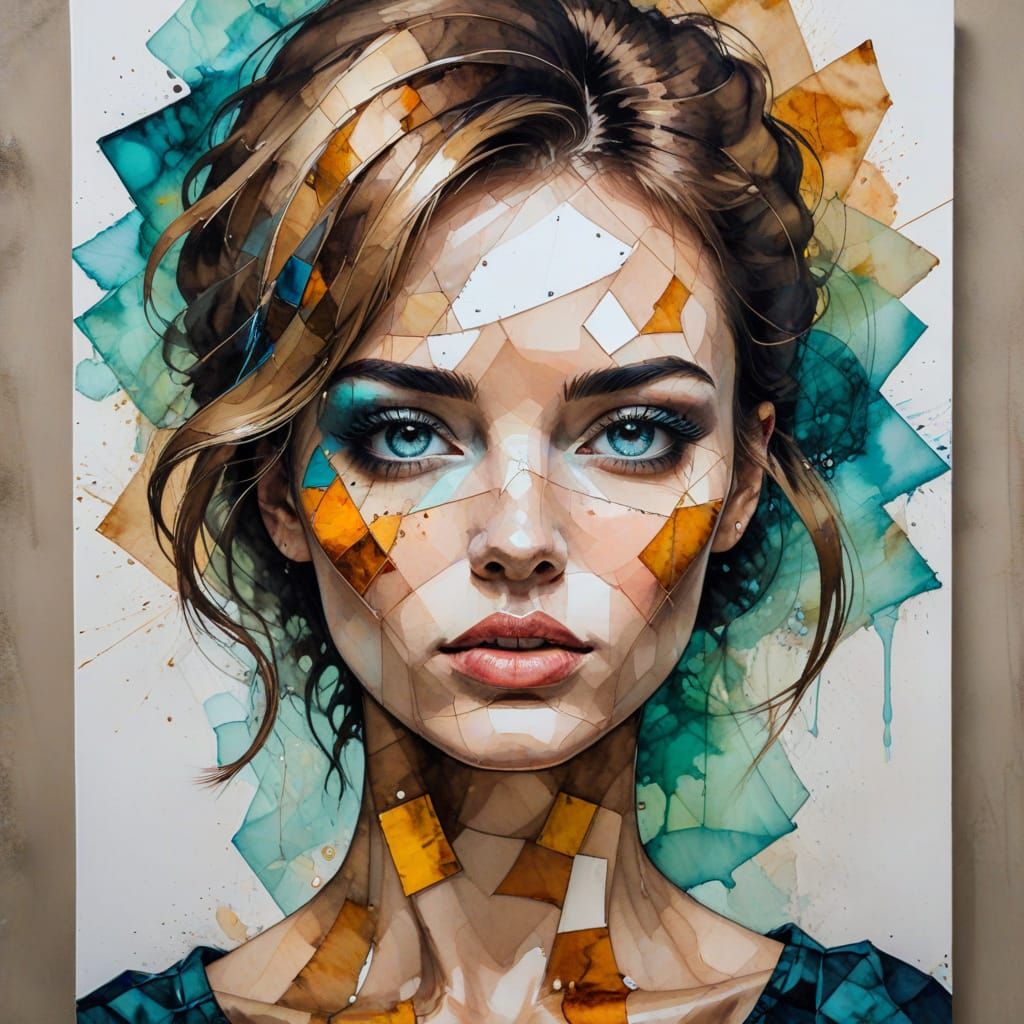Geometric Portrait in Alcohol Ink Style