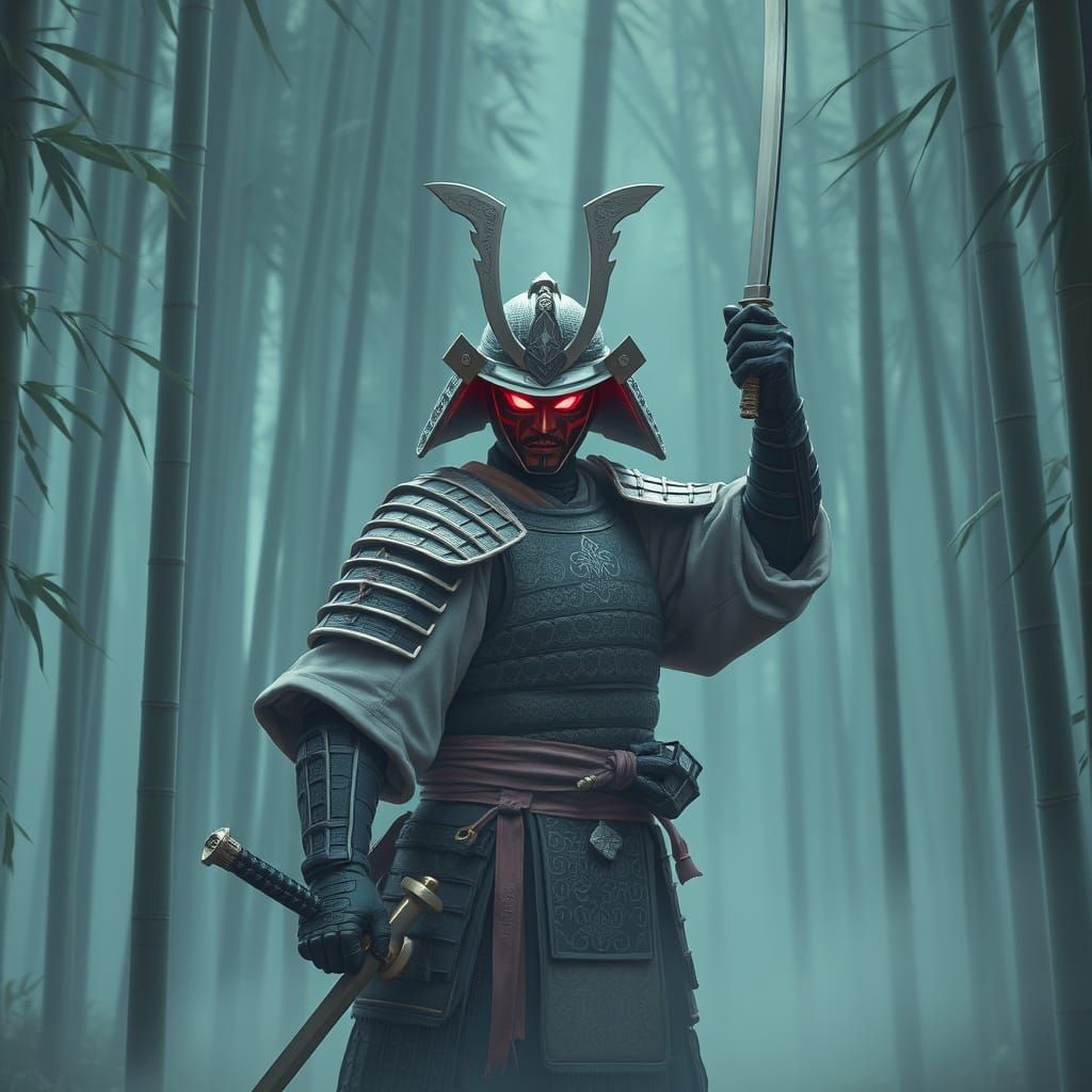 Spectral Samurai in Misty Bamboo Forest: Matte Painting