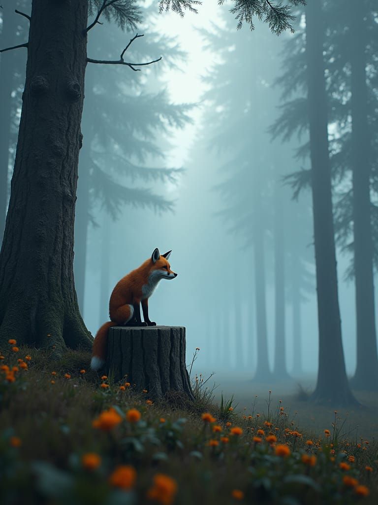Fox in Foggy Forest: Detailed Matte Painting