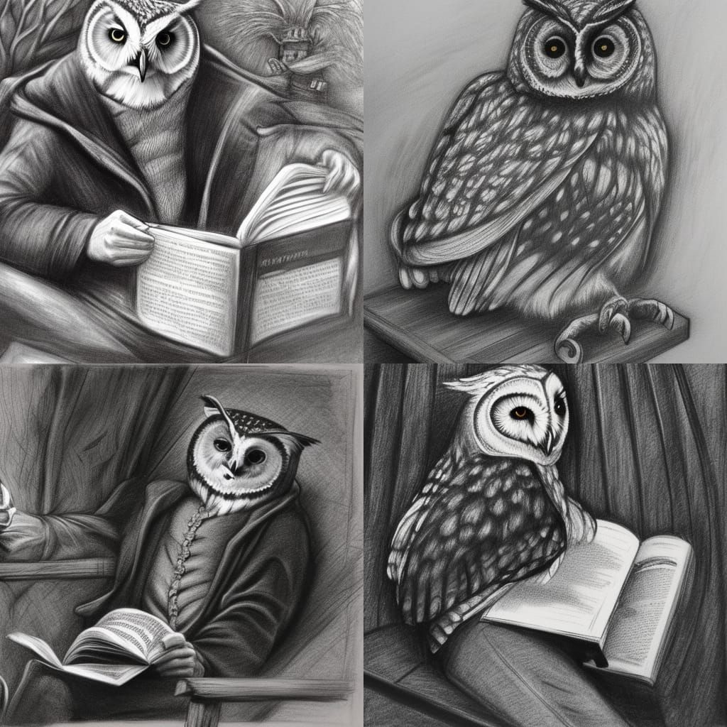 Owl Reads Shakespeare: Hyperdetailed Charcoal Drawing