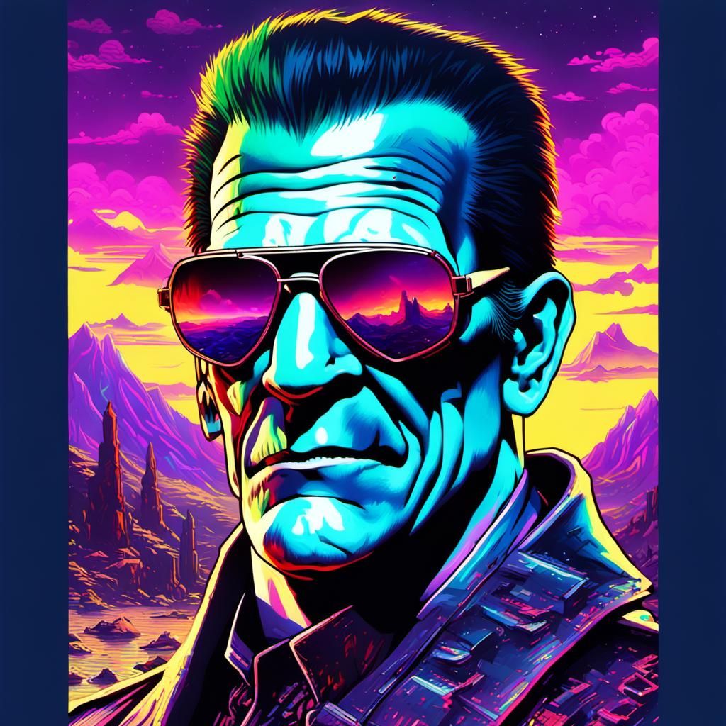 Frankenstein's Monster Smiles in Vaporwave Steampunk Style