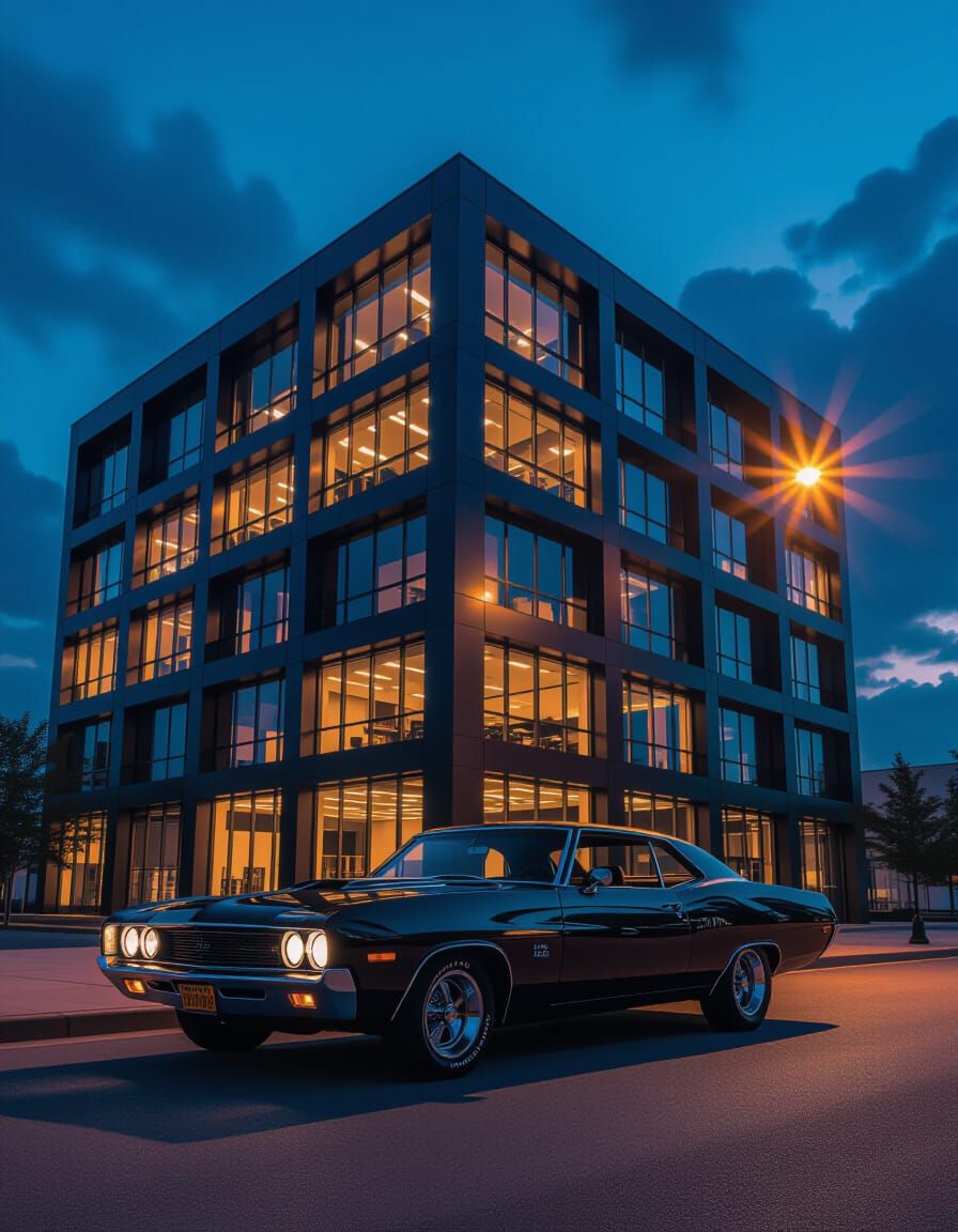 Modern Office Building at Dusk with Vintage Muscle Car