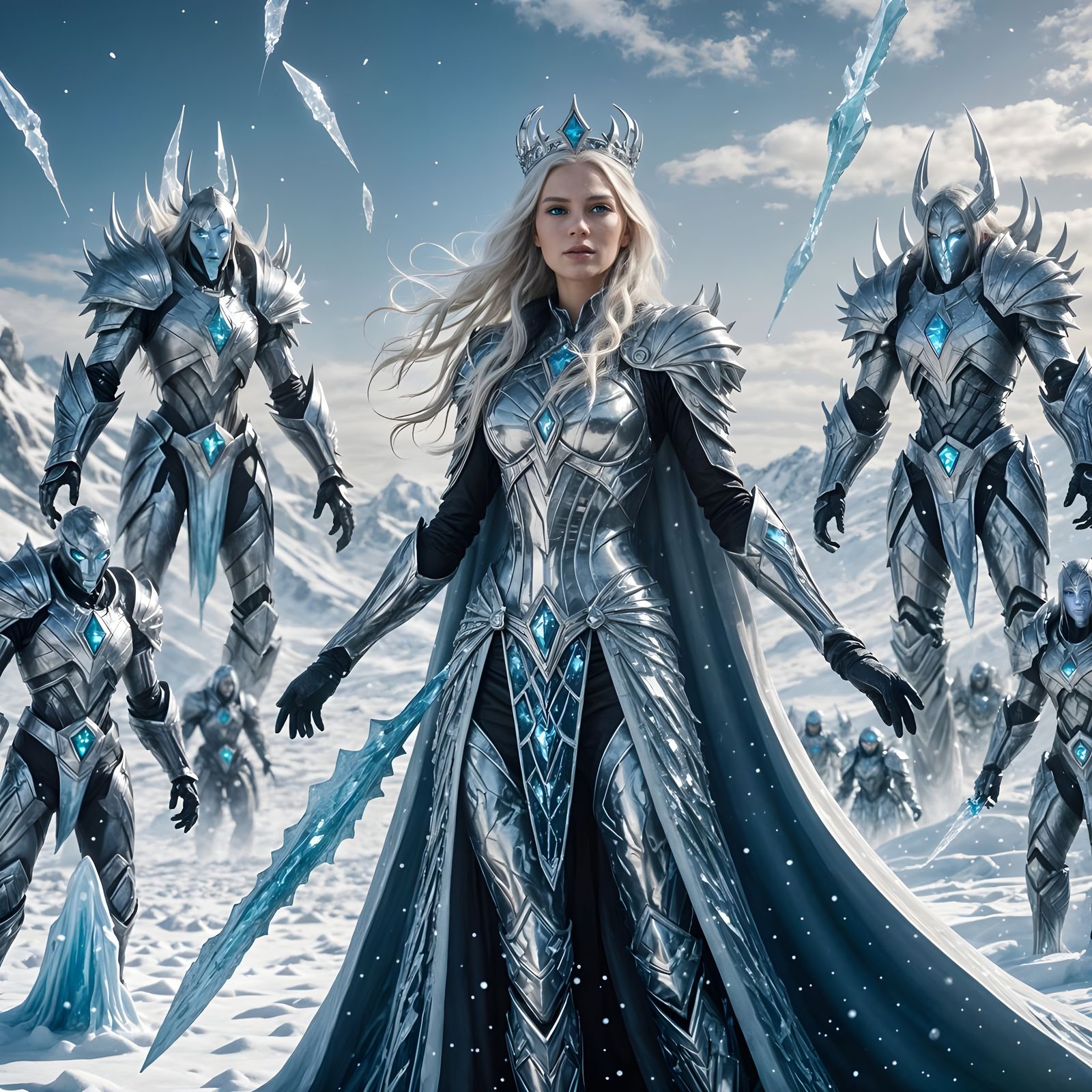Ethereal Goddess of Frost Levitates Above Winter Tundra