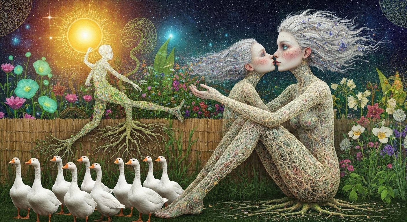 Folkloric Robot and Twins in Surreal Eco-Garden