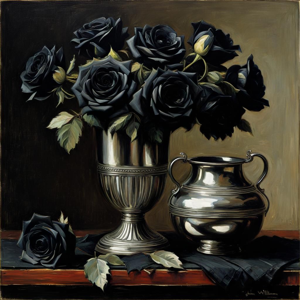 Black Roses in Silver Vase, Pre-Raphaelite Style