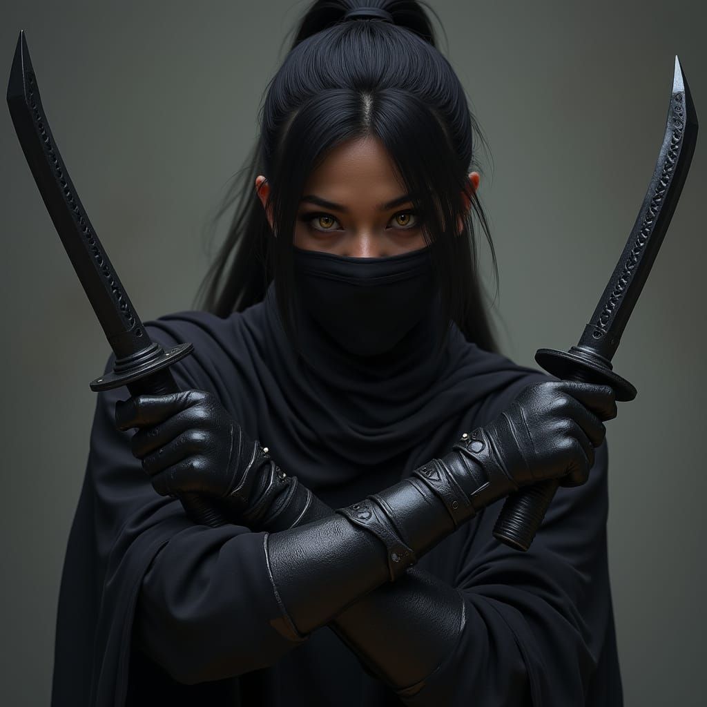 Mysterious Dark Fantasy Ninja in Intricate Black Armor