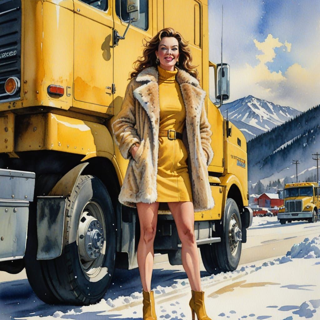 Impressionistic Watercolor of Woman in Yellow Dress at Truck...