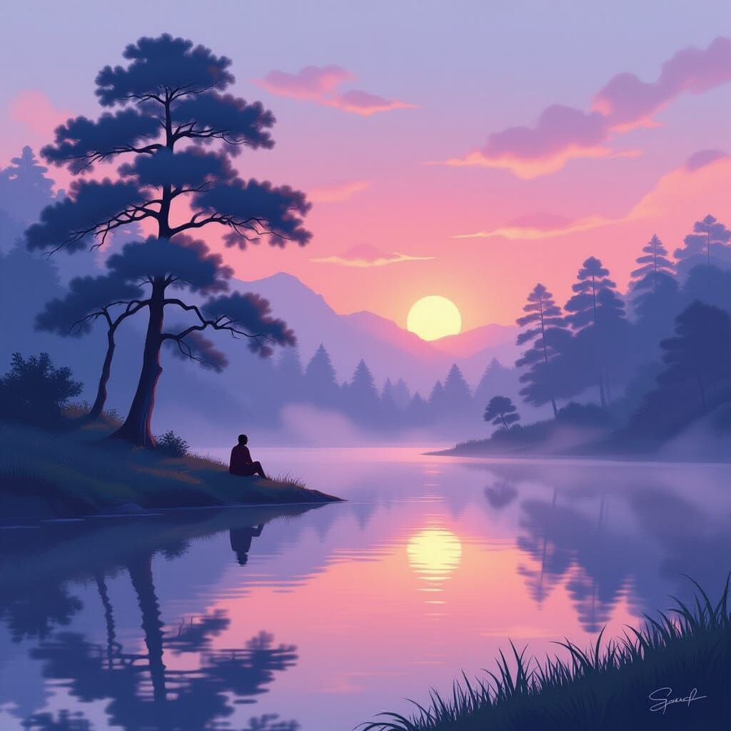 Serene Dawn Lake Reflection Digital Painting
