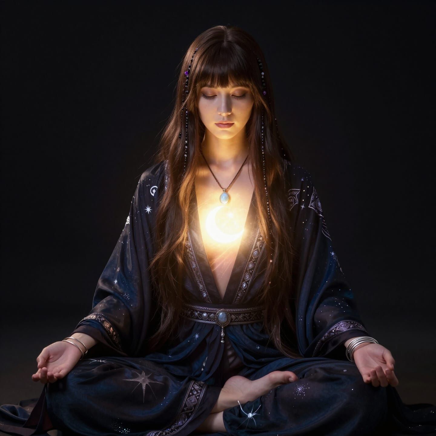 Meditating Woman's Inner Light Glows in Darkness