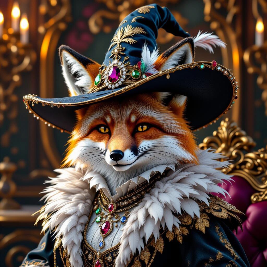 Fox in Baroque Attire with Witch Hat