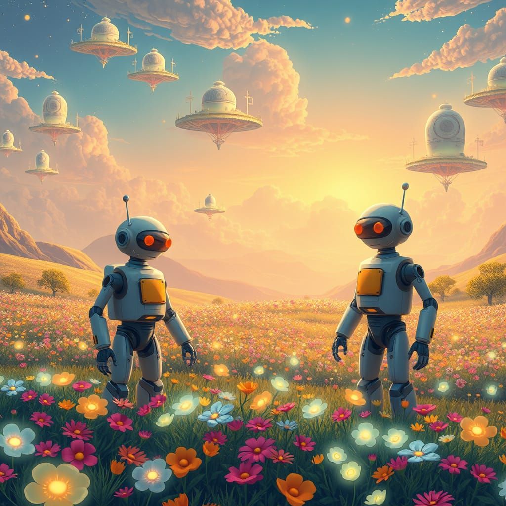 Robots Tend Glowing Fields in Surreal Landscape