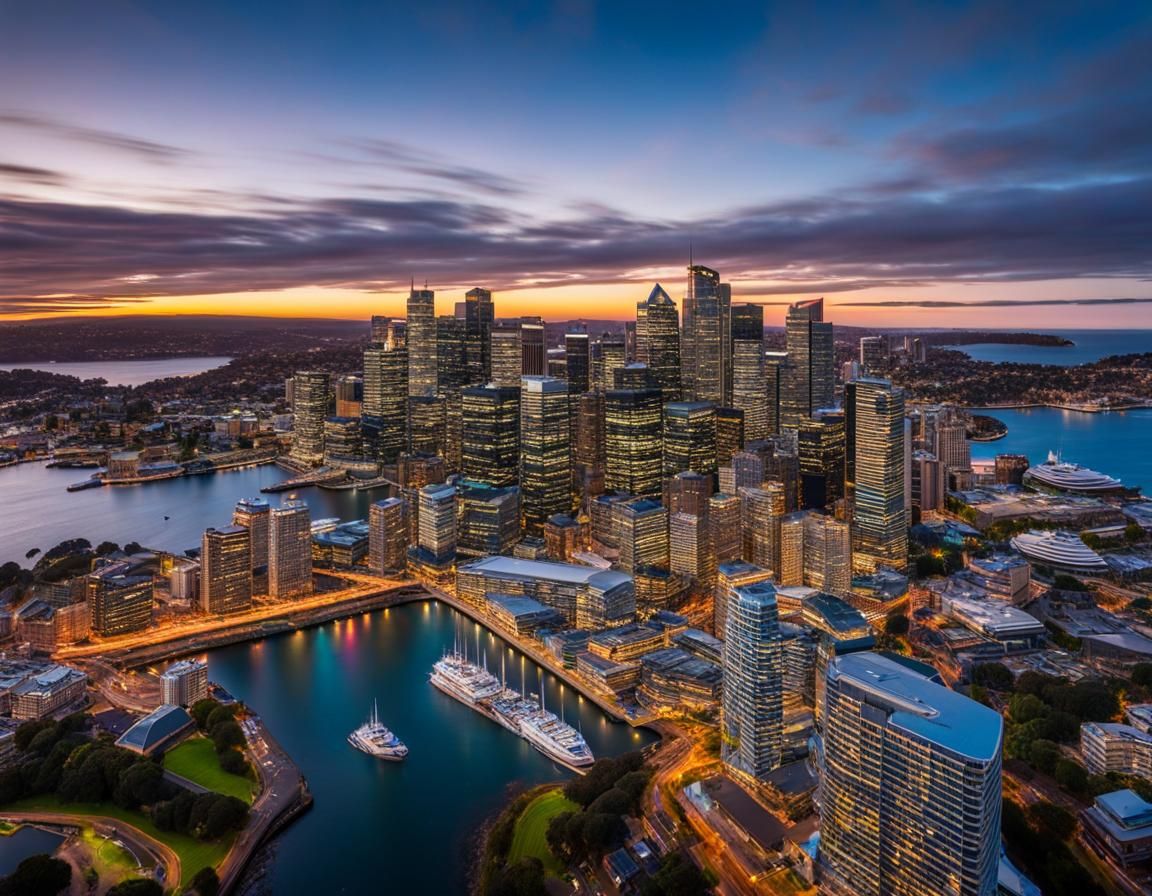 Drone shot of Sydney beautiful sunrise. Buildings in perspective with straight lines. 3/4 face angle