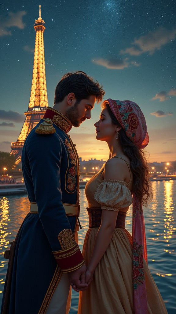 Intimate Parisian Tryst by the Seine under Starry Night