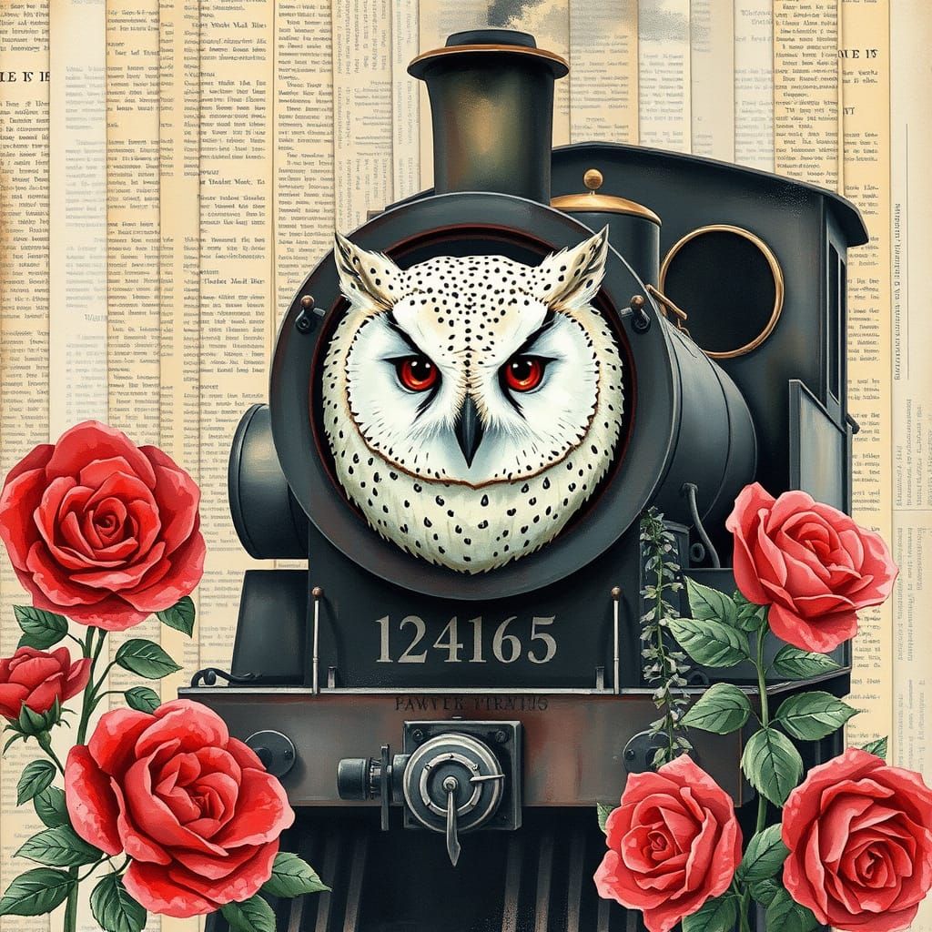 Victorian Owl Train in Whimsical Watercolour Style