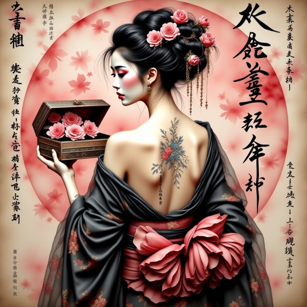 Elegant Geisha in Black Kimono with Sakura Tattoo