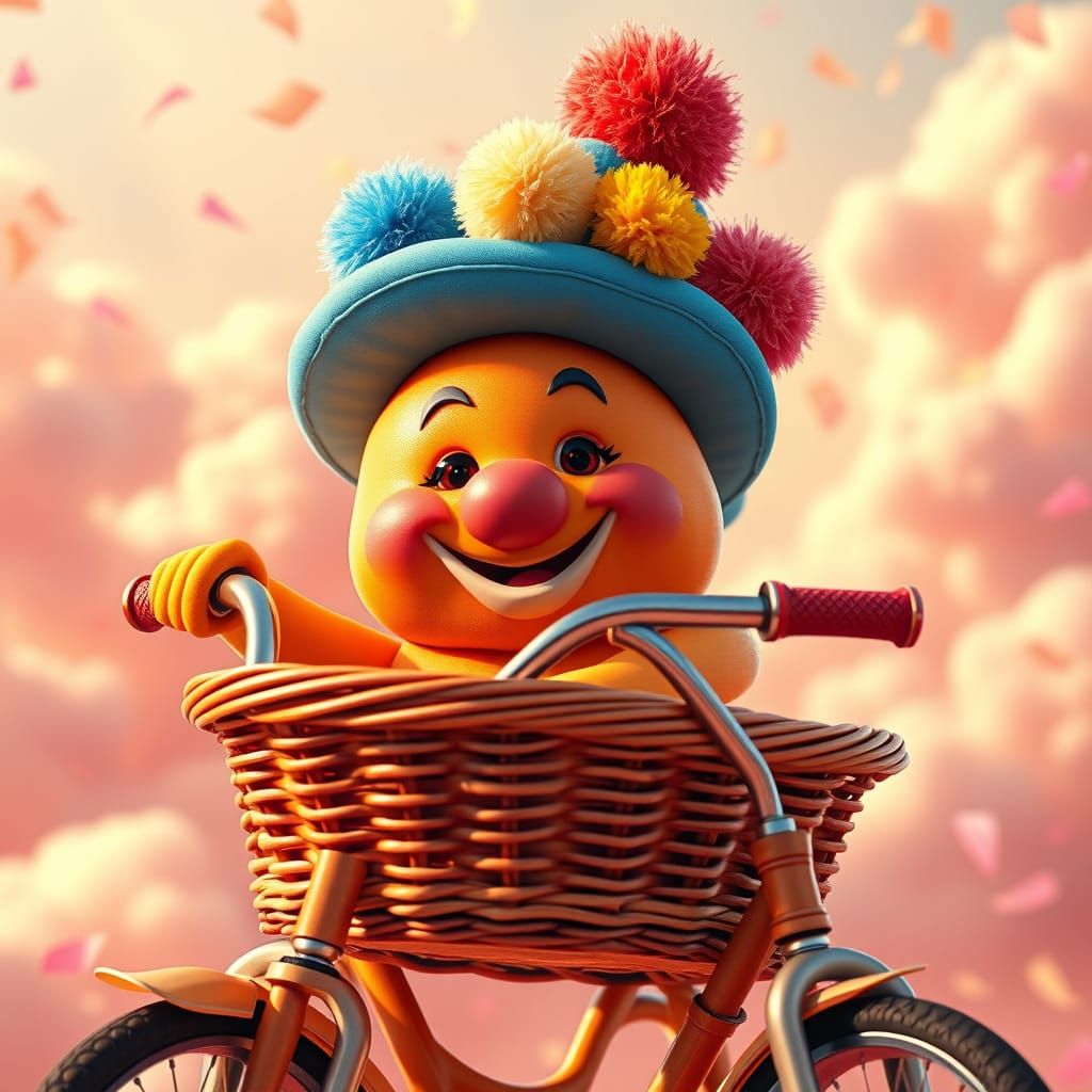 Un abricot avec un visage de clounw très drôle dans un panier en osier avec un chapeau bleu sur un tricycle belle lumièr...