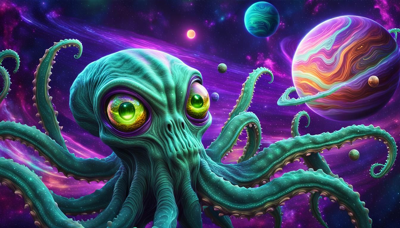 Mystical Alien Gazing into Vibrant Cosmic Space