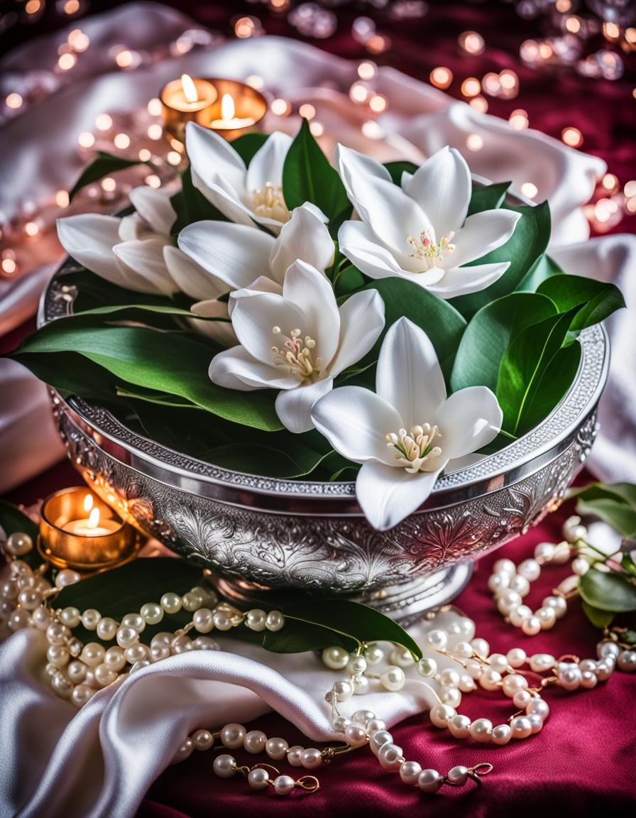 Luxurious Silver Bowl with Flowers and Pearls