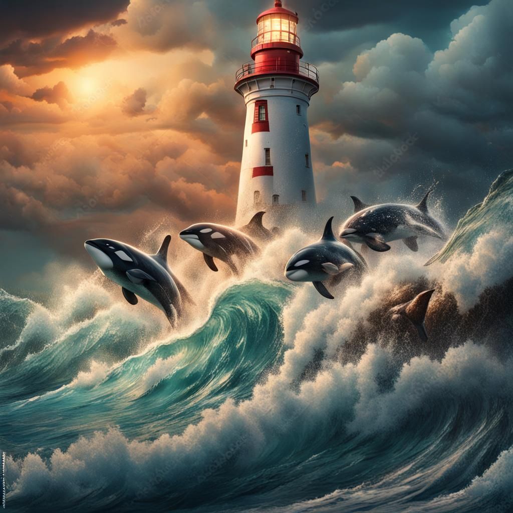 Orcas Jumping in Stormy Seas: Hyperrealistic Concept Art