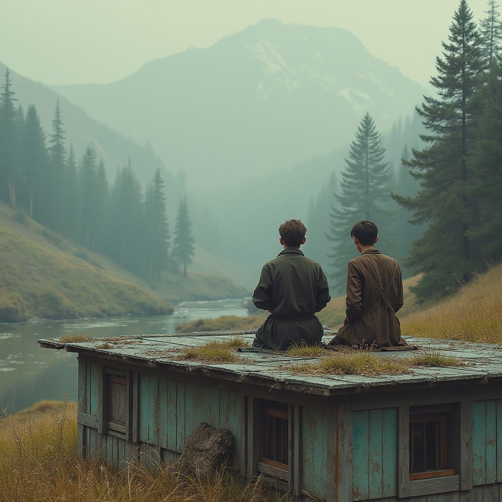 Two People Relaxing on a Rooftop at Sunset
