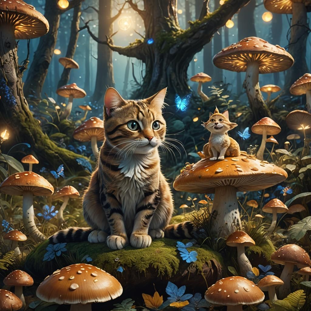 Smiling Cat on Mushroom in Whimsical Forest