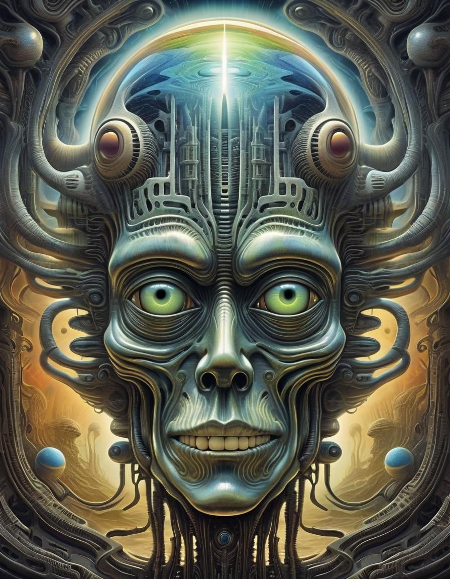 Surreal Biomechanical Face in Luminescent Cosmic Art
