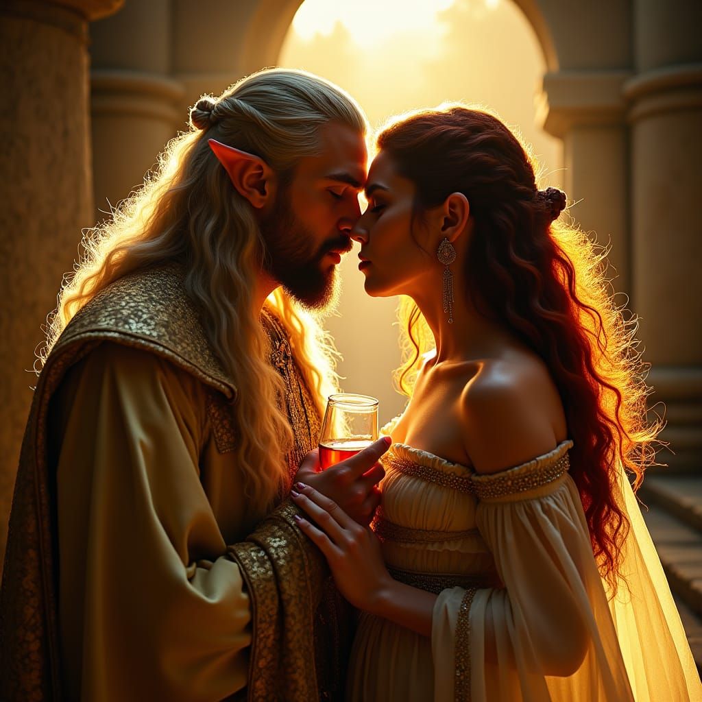 Ethereal Elf Couple in Lavish Golden Attire