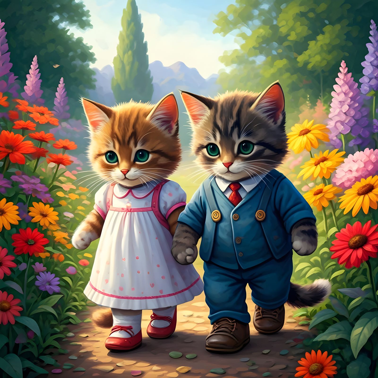 Charming Cartoon Kitten Duo Strolls Through Vibrant Floral S...