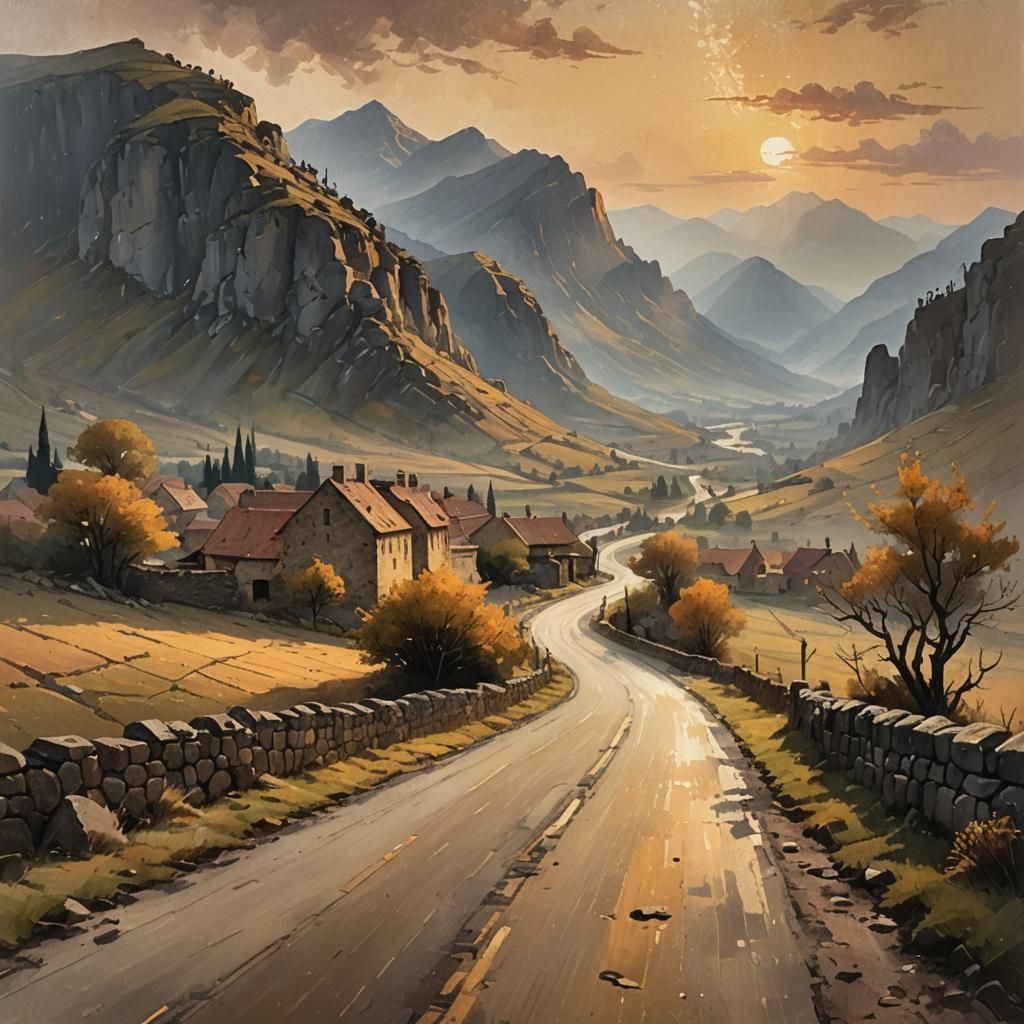 Golden Hour Landscape Painting of Mountain Road