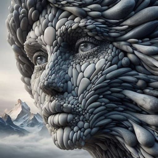 Stone Woman Sculpture with Obsidian Eyes and Mountain Reflec...