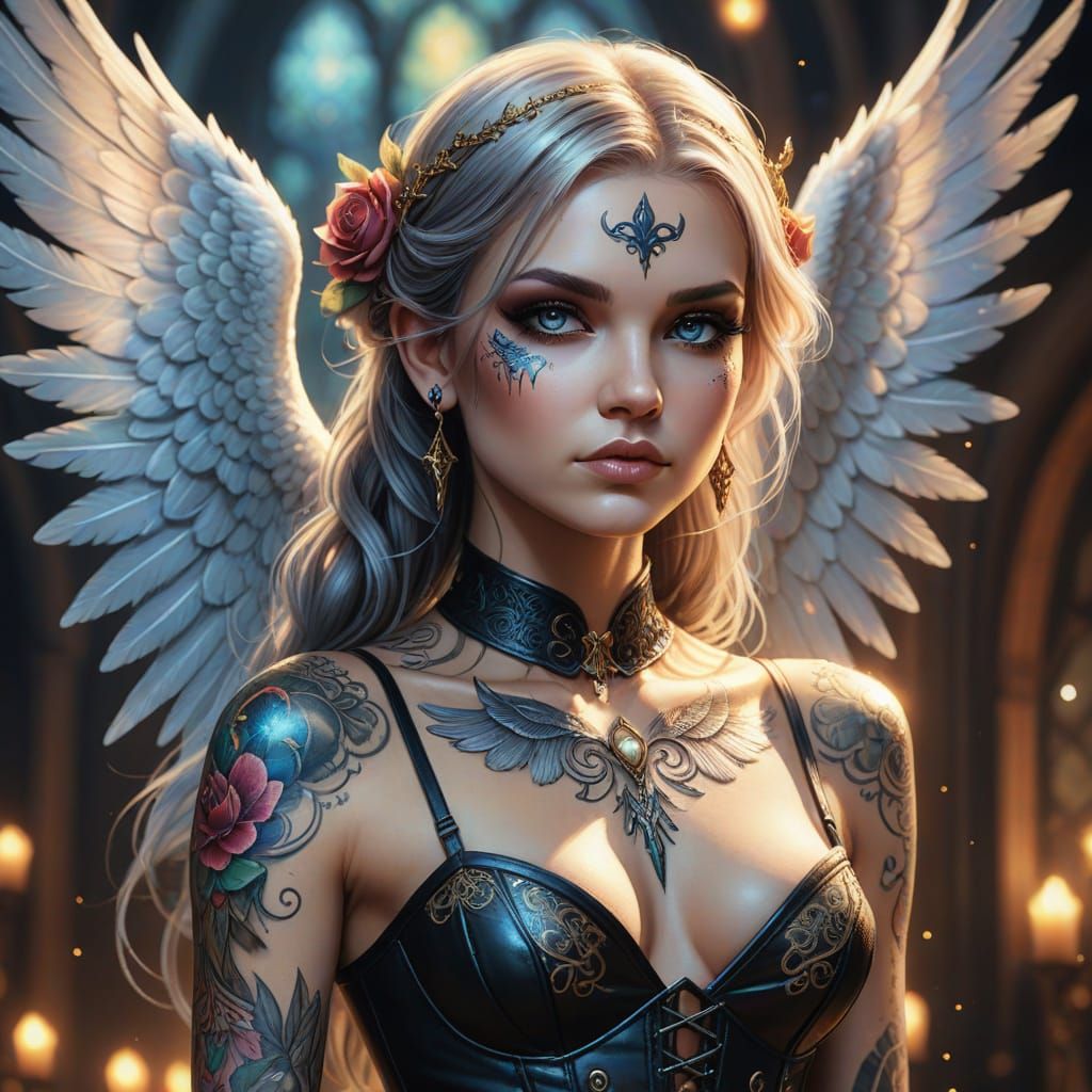 Angel with Intricate Tattoos and Vibrant Wings