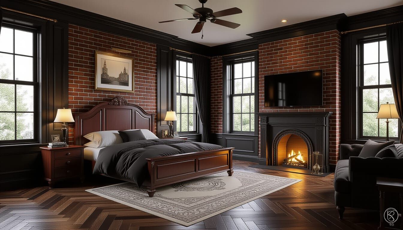Luxurious Victorian Bedroom in Dramatic Black and Wood