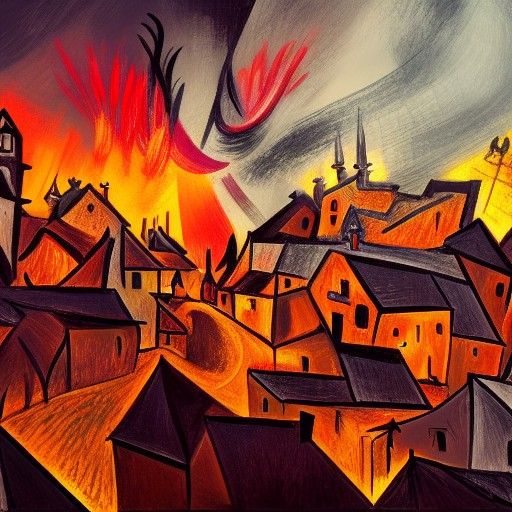 Village on Fire in Cubist Style