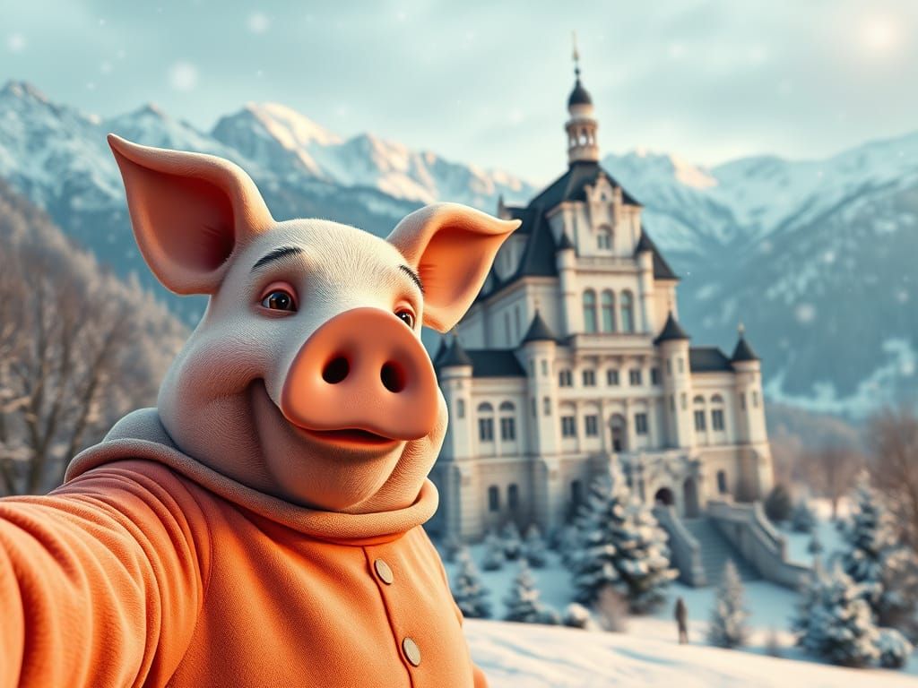 Pig-Man Selfie at Snowy Neuschwanstein Castle