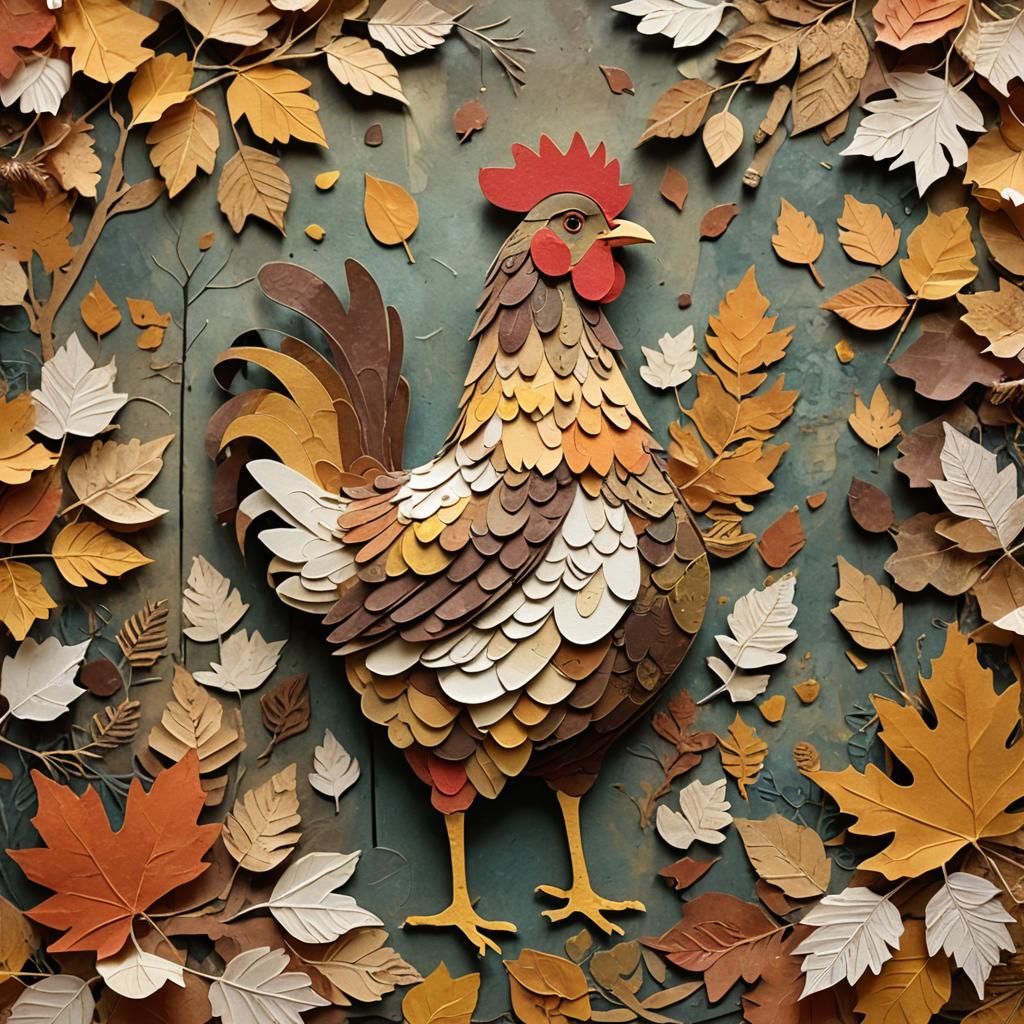 Autumn Chicken Collage in Mixed Media Style
