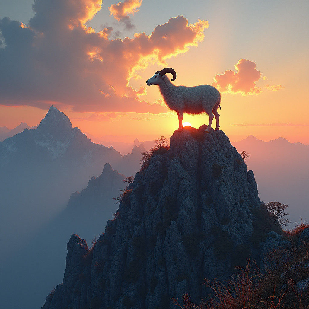 Majestic Sheep at Sunset: Fantasy Matte Painting