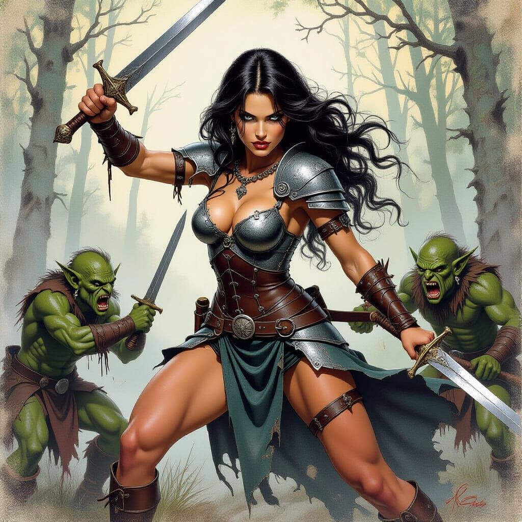 Woman Warrior Battling Goblins in Fantasy Art Style