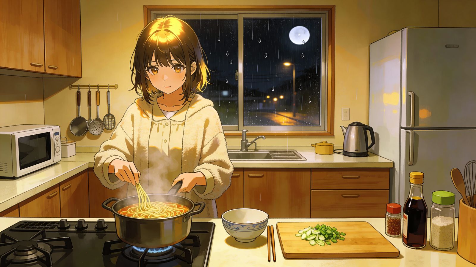 Anime Girl Cooking Ramen in Cozy Japanese Kitchen