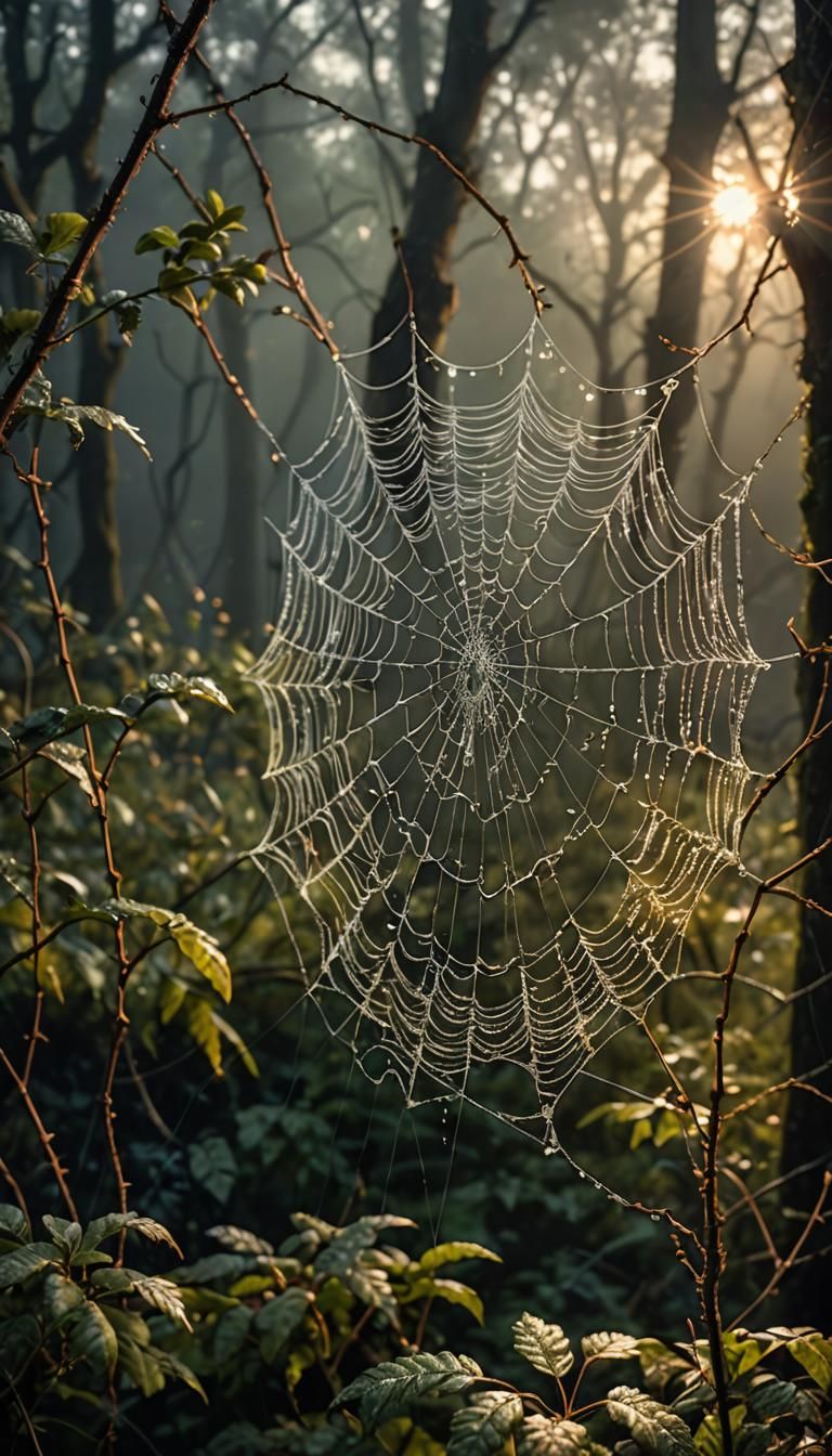 Glittering Spider Web in Dark Woodland, Digital Matte Painti...