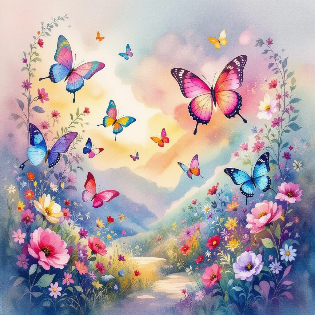 Surreal Watercolor Butterflies in Dreamlike Landscape
