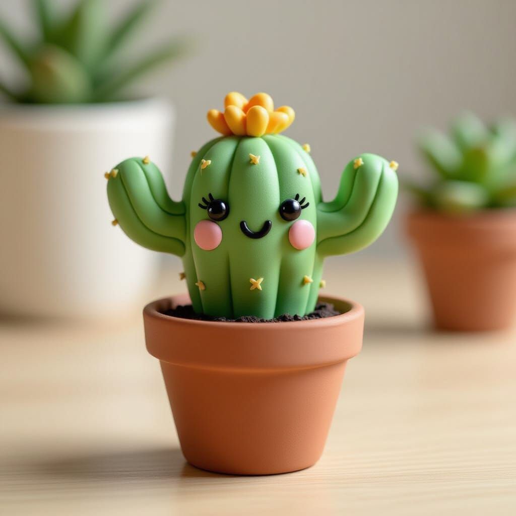 Cute Clay Cactus with Smiling Face