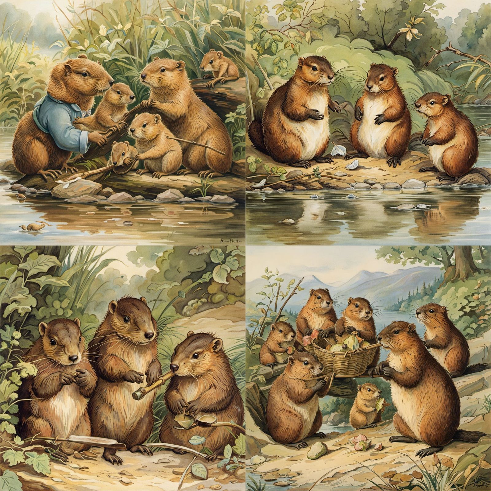 Beaver Family in Classic Children's Illustration Style