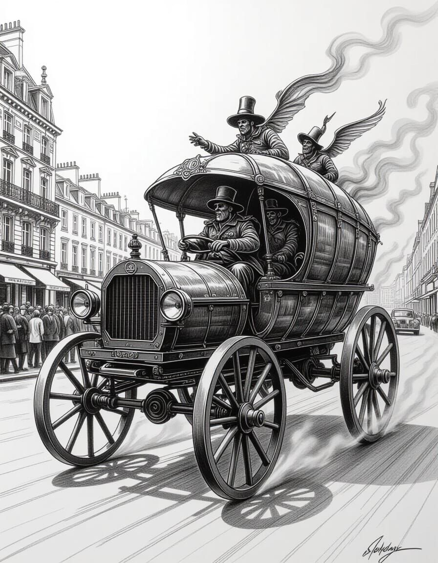 Surreal War Chariot Rolling Down the Boulevard