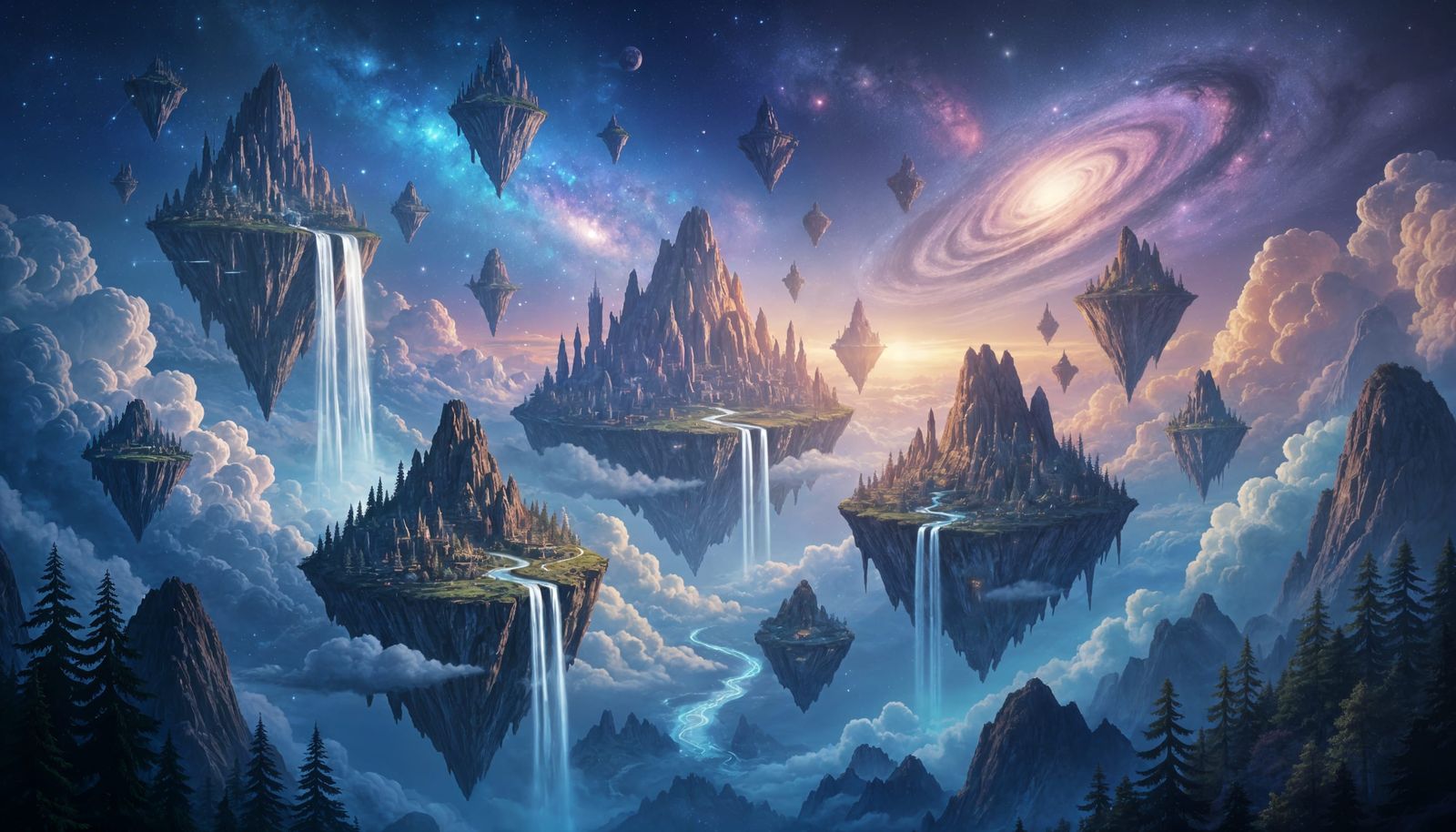 Surreal Floating Cities with Cosmic Light and Waterfalls