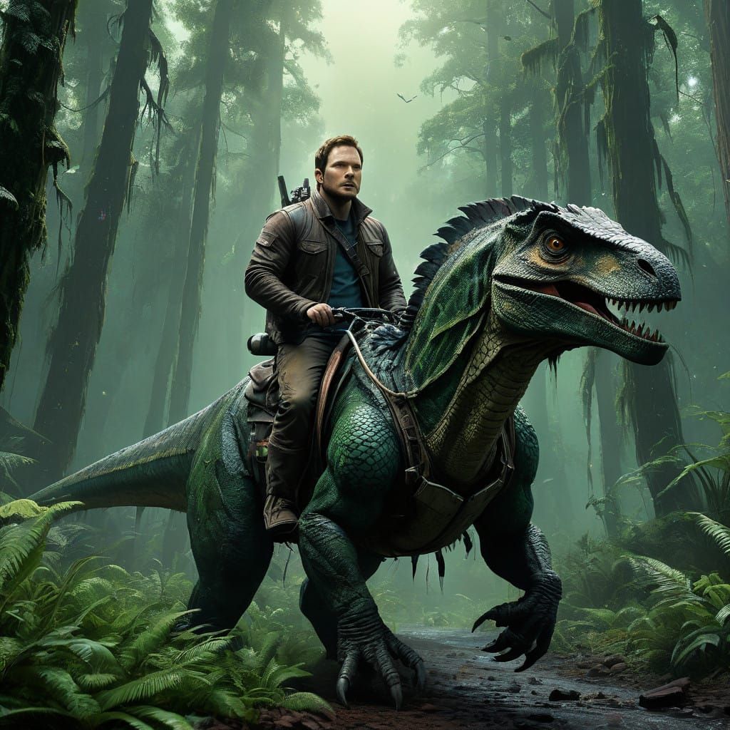 Chris Pratt as Owen Grady Rides a Velociraptor Through a Mis...