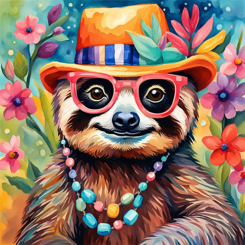 Whimsical Sloth Portrait in Gouache Watercolor Style